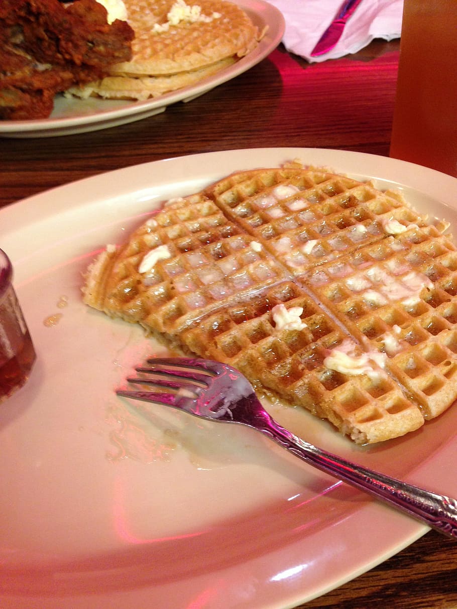 waffles, food, roscoes, tasty, delicious, fork, plate, food and drink, HD wallpaper