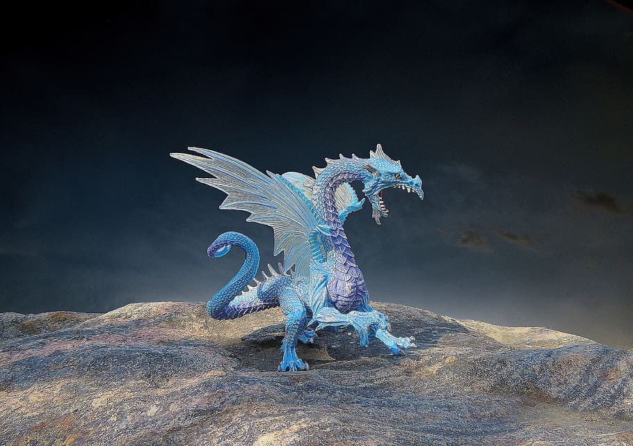 blue and purple dragon plastic figure, animal, monster, fantasy