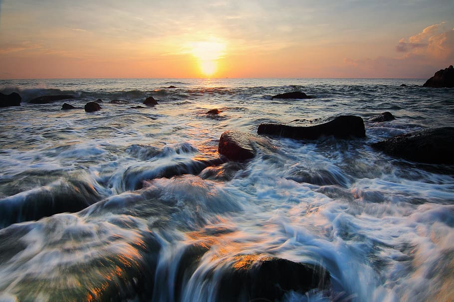 sea, dawn, landscape, nature, beach, clouds, coast, evening, ocean HD wallpaper