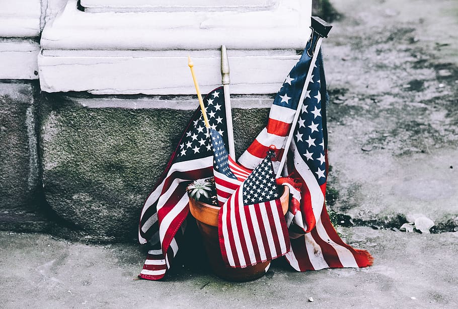 flags, usa, stick, pot, striped, patriotism, day, wall - building feature HD wallpaper