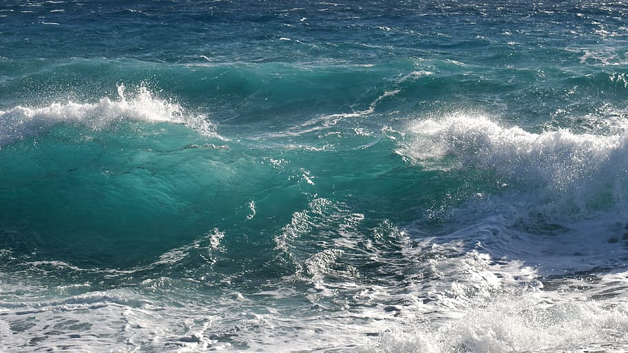 clear blue waves, transparent, smashing, foam, spray, sea, nature HD wallpaper