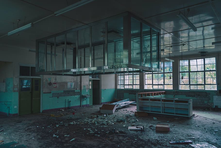 vacant mess room with glass windows, empty, industrial, factory, HD wallpaper