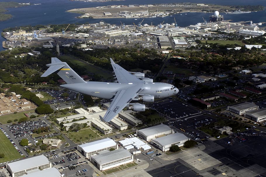 aerial photography of gray airplane, aircraft, jet, c-17 globemaster iii, HD wallpaper