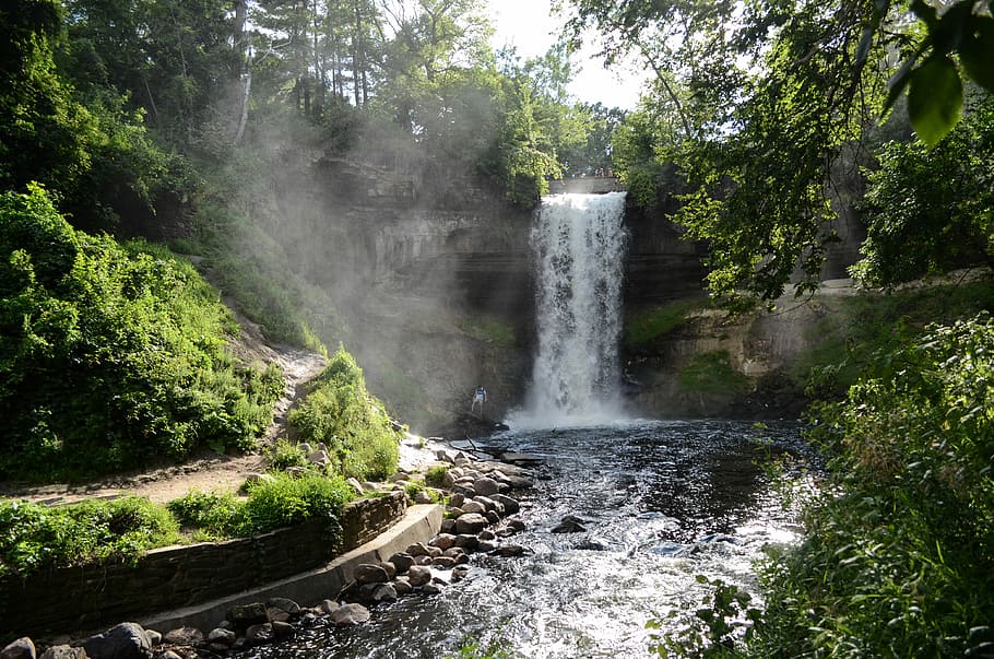 landscape photography of waterfalls near plants, landscape shot of waterfalls HD wallpaper