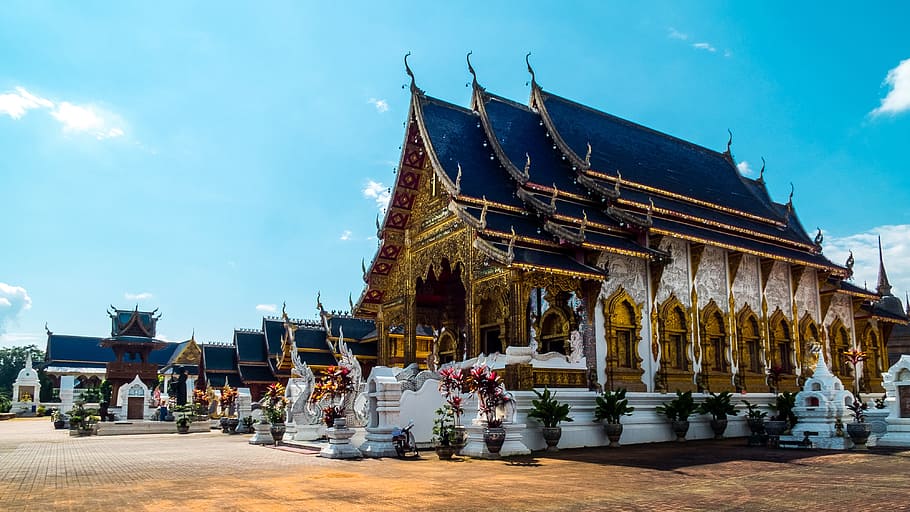 gold and blue temple with figurine under clear blue sky, temple complex HD wallpaper