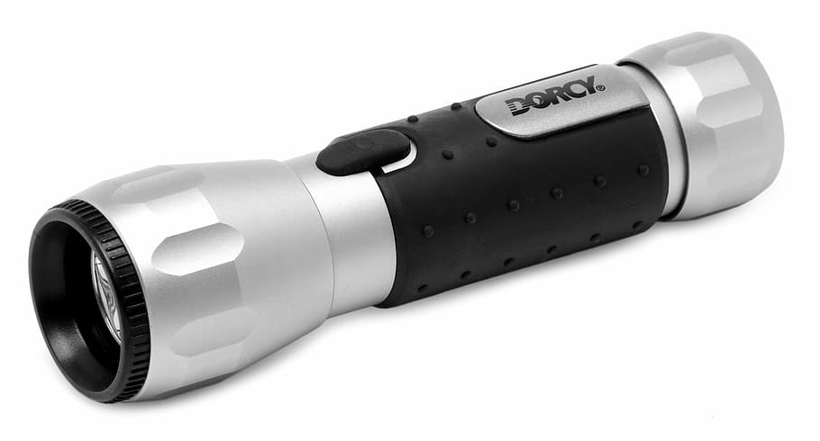 gray and black Dorcy flashlight with white background, led HD wallpaper
