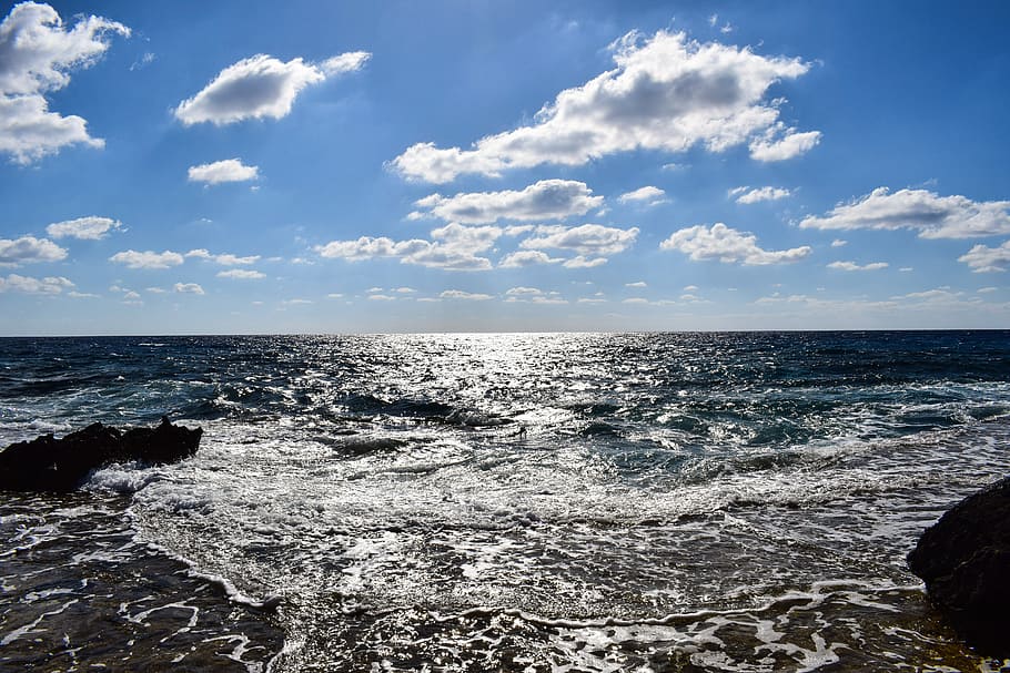 sea, wave, beach, sky, clouds, ocean, blue, scenery, autumn HD wallpaper