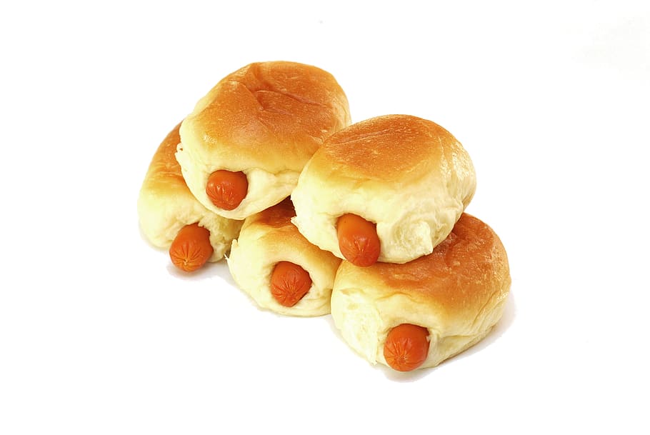 hotdog with bun stacked, bakery, sweets, bread, meal, food HD wallpaper