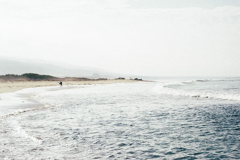 person on shore, beach, sea, ocean, wave, sand, water, land HD wallpaper