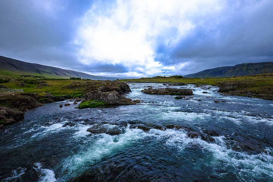 river, water, rocks, green, grass, field, landscape, nature HD wallpaper