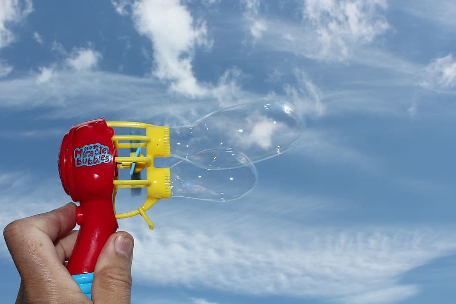 bubbles, sky, blue, colorful, summer, background, human hand HD wallpaper