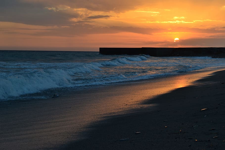 sunset, sundown, sea, beach, evening, water, sky, land, scenics - nature HD wallpaper