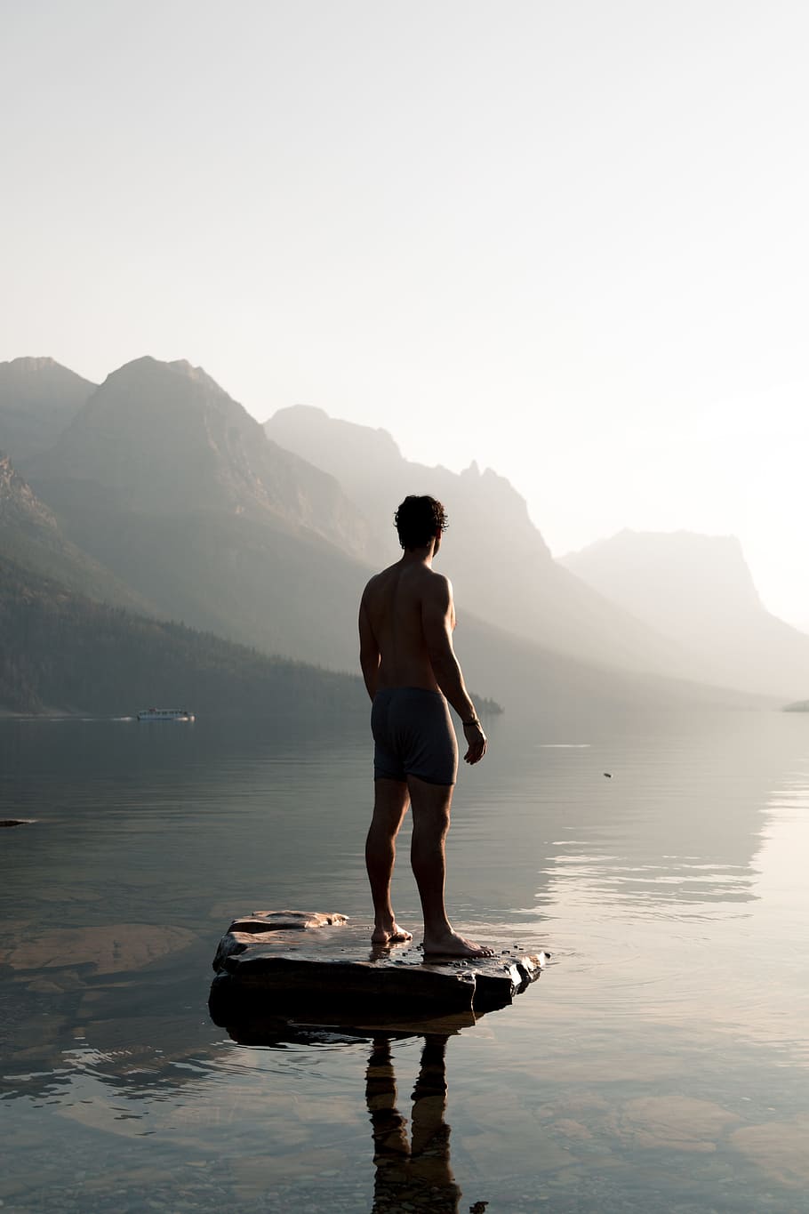people, guy, swimming, alone, rock, sea, water, reflection HD wallpaper