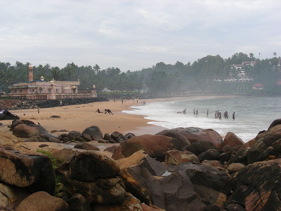 beach, india, human, covered sky, water, rock, nature, solid HD wallpaper