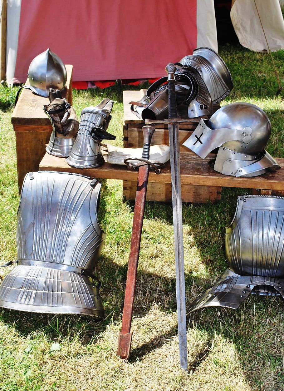knight, shield, sword, helmet, weapon, warrior, metal armor HD wallpaper