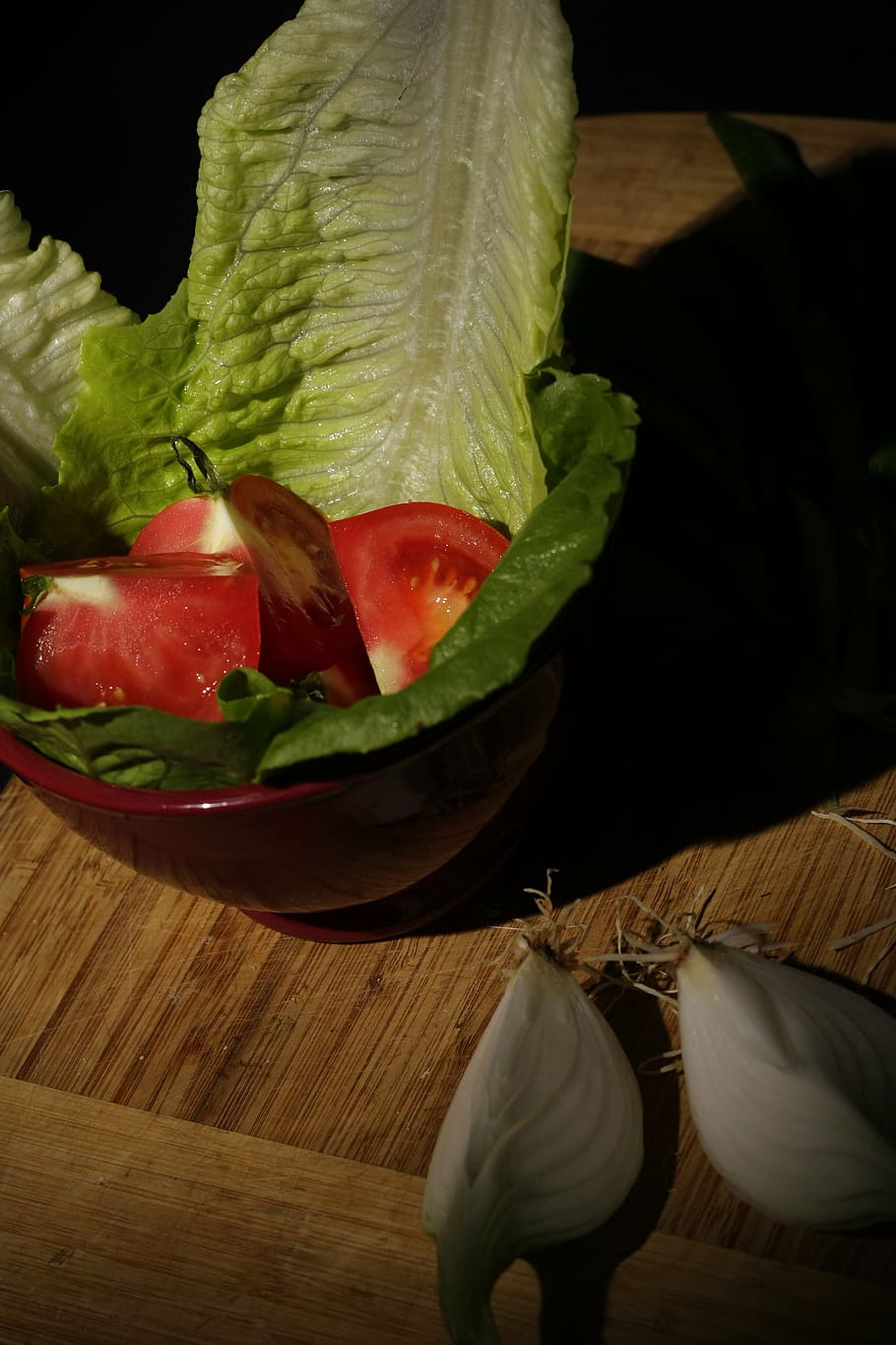 food, lettuce, tomato, onion, still life, bowl, table, green, HD wallpaper