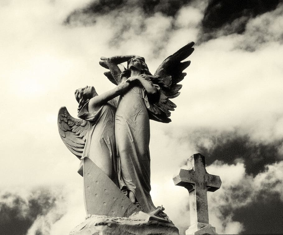 angels, cemetery, cross, sculpture, statue, stone, tombstone, HD wallpaper