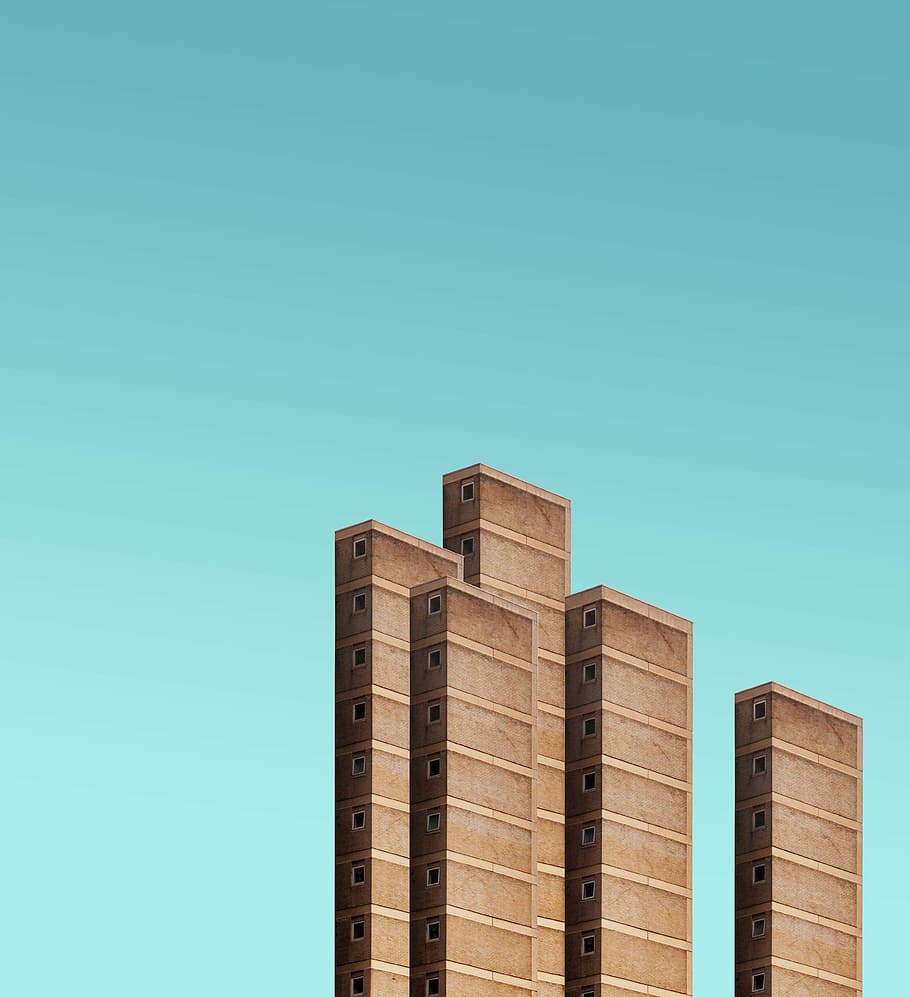 five brown high rise buildings, brown wooden bricks, architecture HD wallpaper