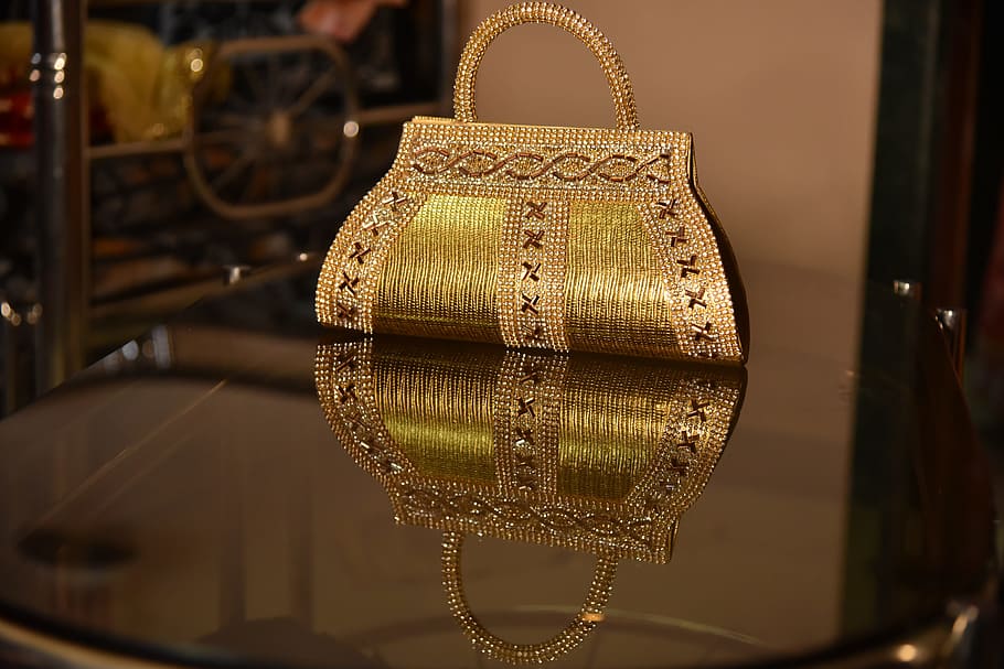 golden, indian wedding, purse accessory, art and craft, no people, HD wallpaper
