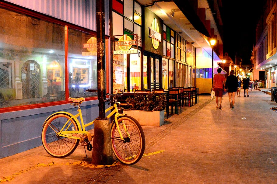 bicycle, path, restaurant, architecture, cities, urban, city HD wallpaper