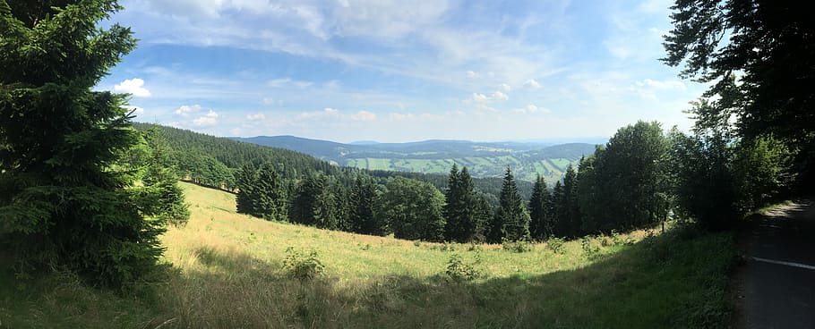 Nature, Panorama, Forest, Trees, View, blue sky, jizera mountains HD wallpaper
