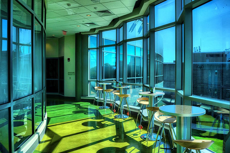 tables, chairs, windows, green, seat, indoors, architecture HD wallpaper
