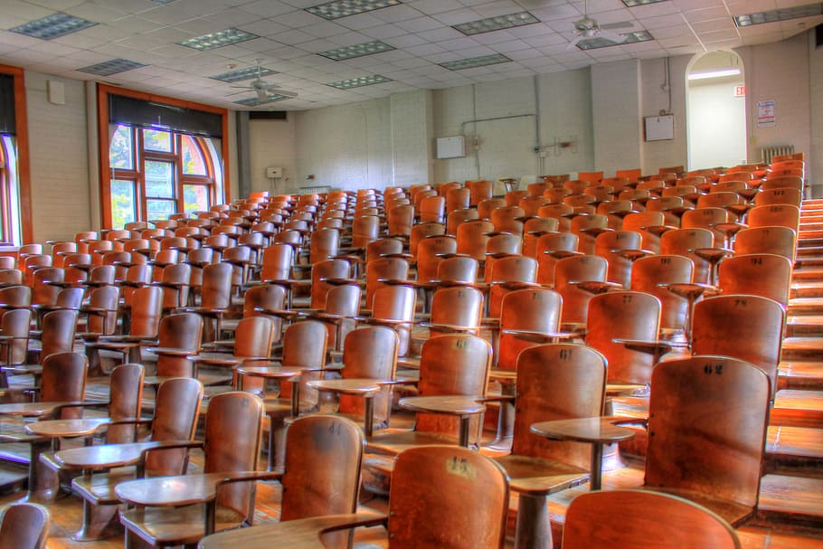 brown wooden armchairs during daytime, lecture hall, auditorium