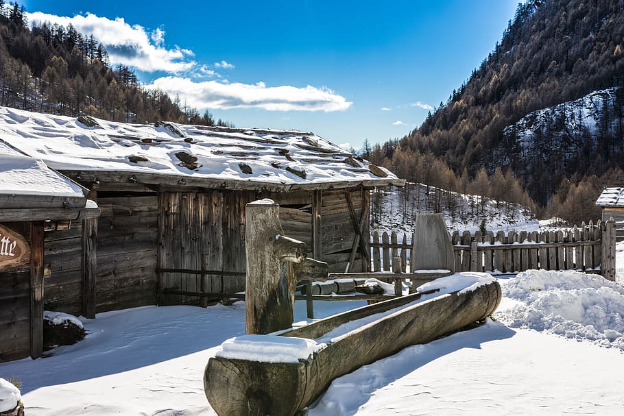 gray house near mountain during winter, south tyrol, almen village, HD wallpaper