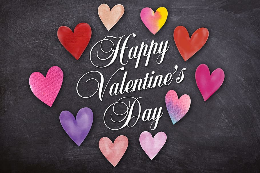 Happy Valentine's Day text on gray surface, love, romance, heart