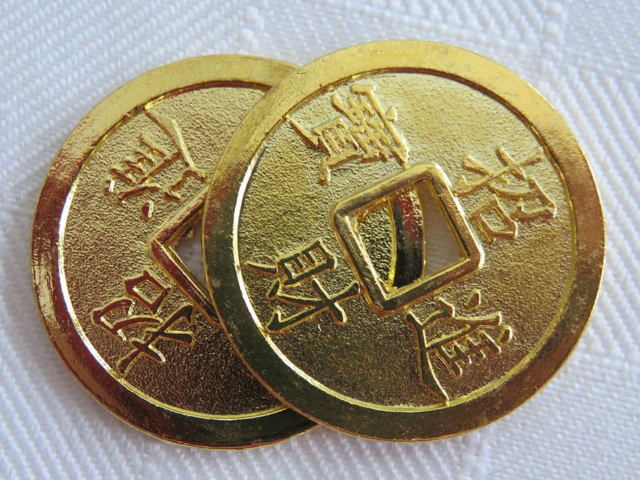 two round gold-colored coins, luck, lucky coins, chinese new year