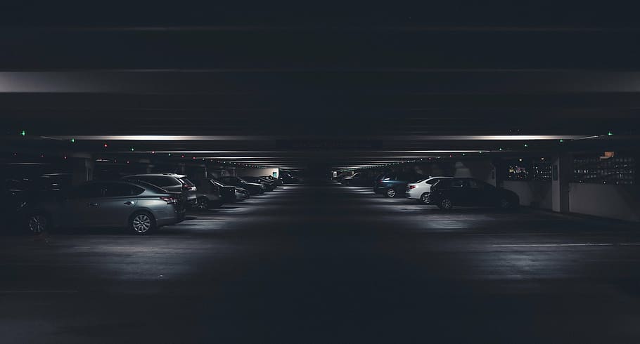 vehicle lot on parking area, dark, ground, basement, car, traffic HD wallpaper