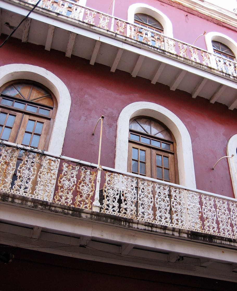 puerto rico, building, porches, old building, red, architecture railing, HD wallpaper