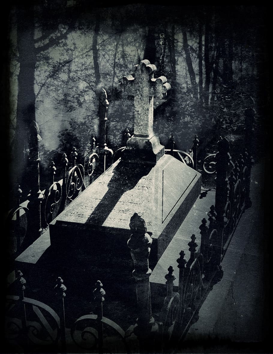 Grave, Surreal, Forest, Shadow, Trees, nature, branches, cross HD wallpaper