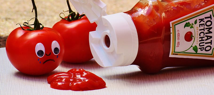 Tomato Crying on Tomato Ketchup, art, bottle, color, condiment, HD wallpaper