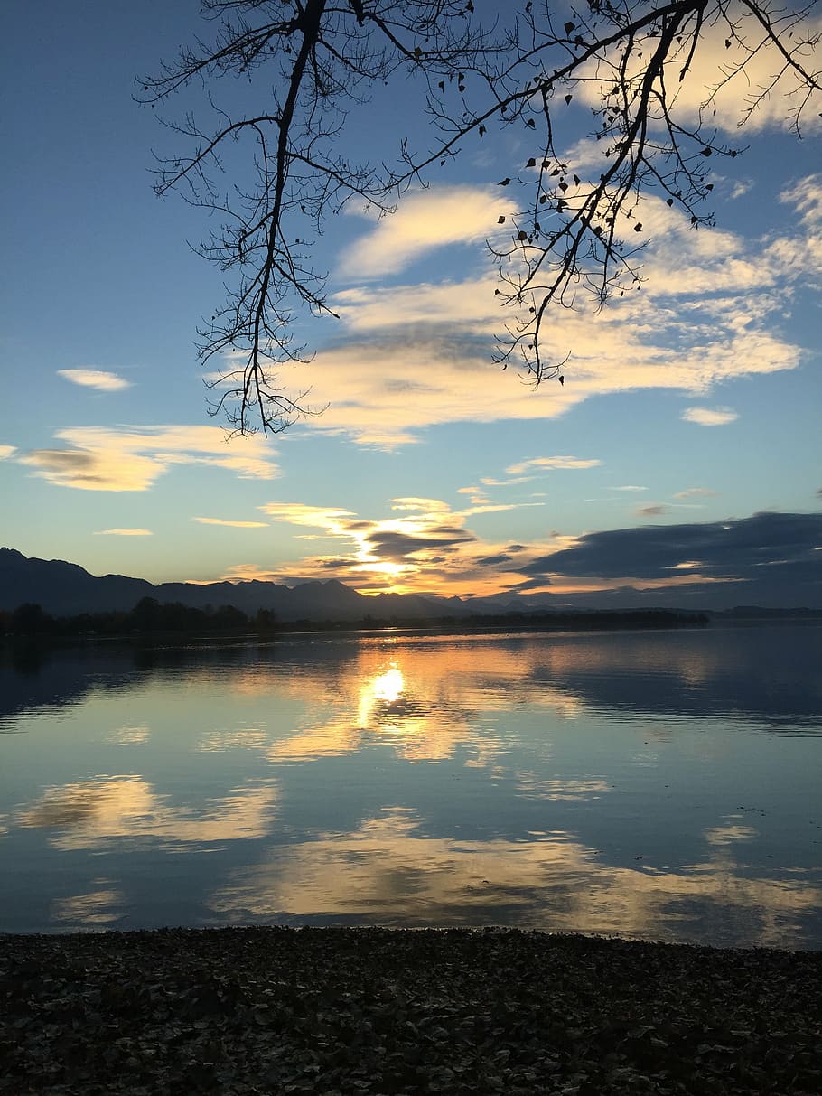 lake, tranquility, sunset, germany, reflections, sky, water HD wallpaper