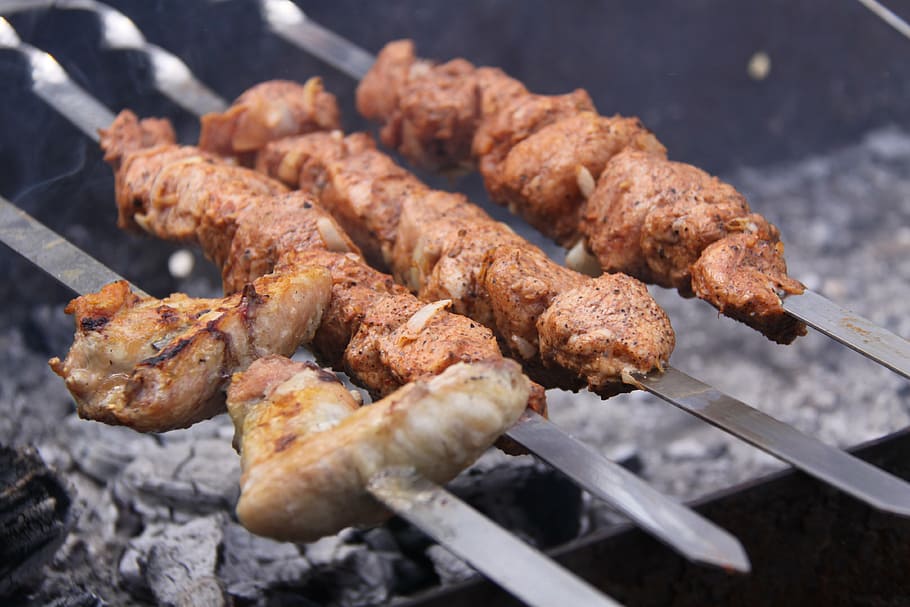 shish kebab, food, picnic, grill, bbq, mangal, skewers, on the nature, HD wallpaper
