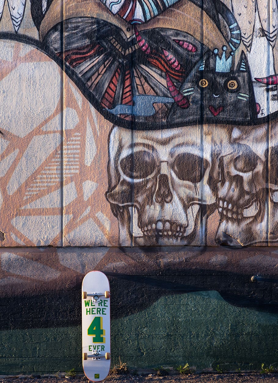 white finger board, white and green skateboard on painted concrete wall at daytime, HD wallpaper