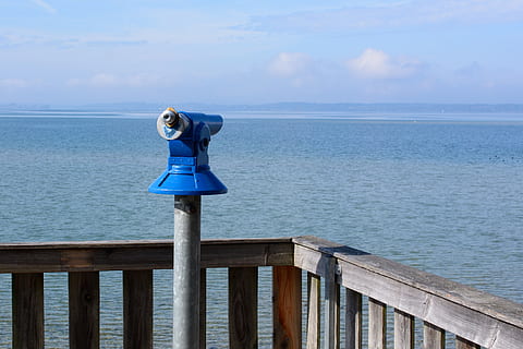 blue telescope beside railing overview of sea, viewpoint, distant HD wallpaper