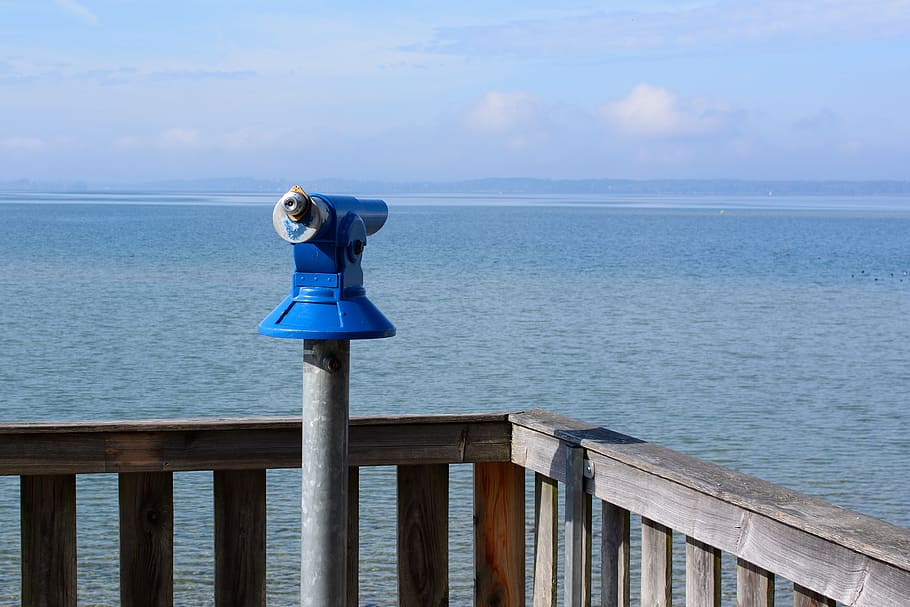 blue telescope beside railing overview of sea, viewpoint, distant HD wallpaper