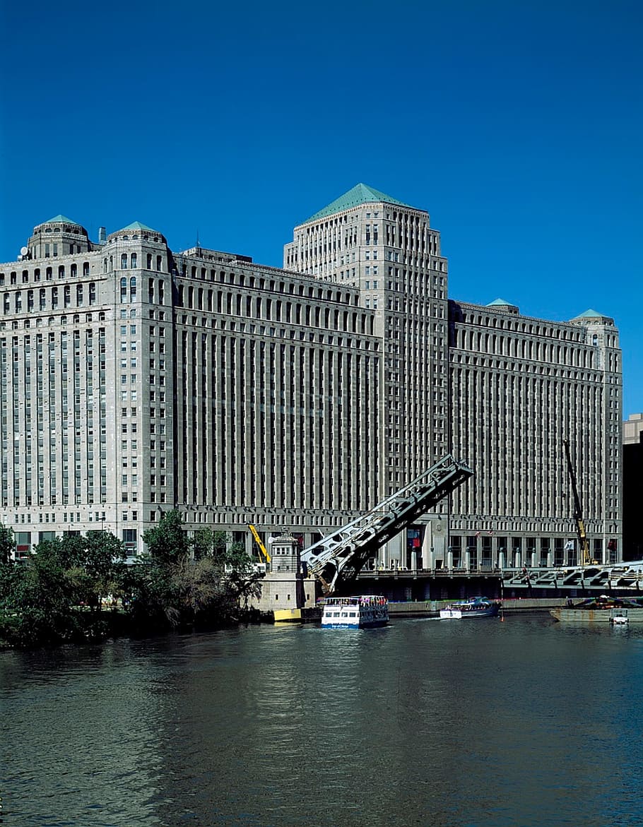 chicago, merchandise mart, bridge, building, landmark, river HD wallpaper