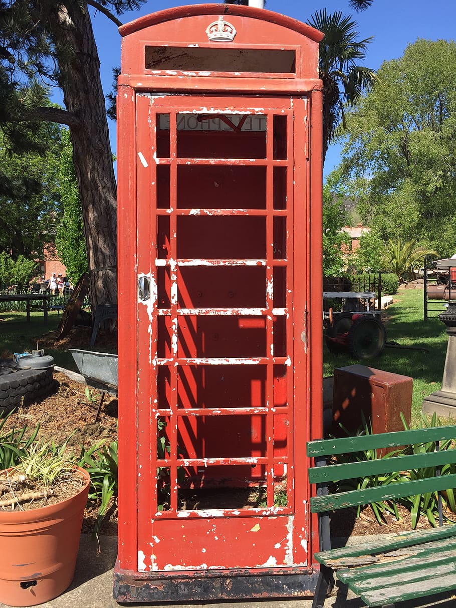 phone box, telephone, red, broken, old, booth, vintage, outdoors