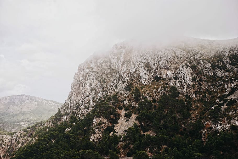 cloudy mountain sky during daytime, brown rocky mountain covered with trees at daytime HD wallpaper