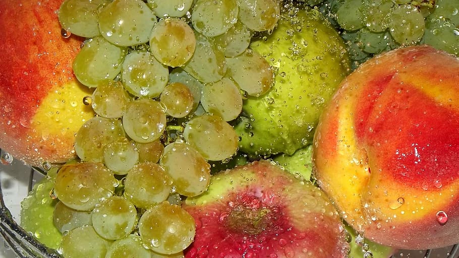 fruit, peaches, grapes, drops, summer, food and drink, freshness HD wallpaper