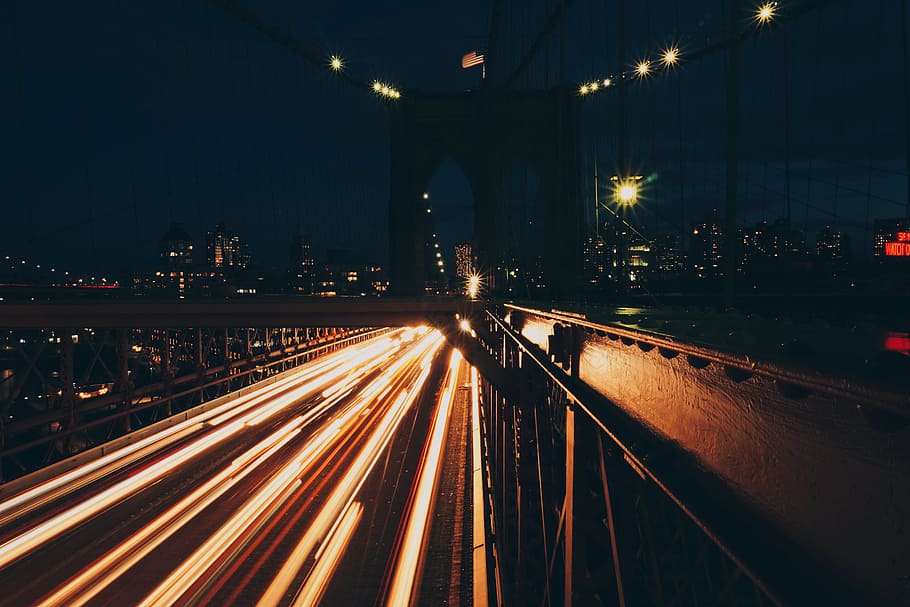Light Trails on Road at Night, architecture, blur, bridge, buildings HD wallpaper