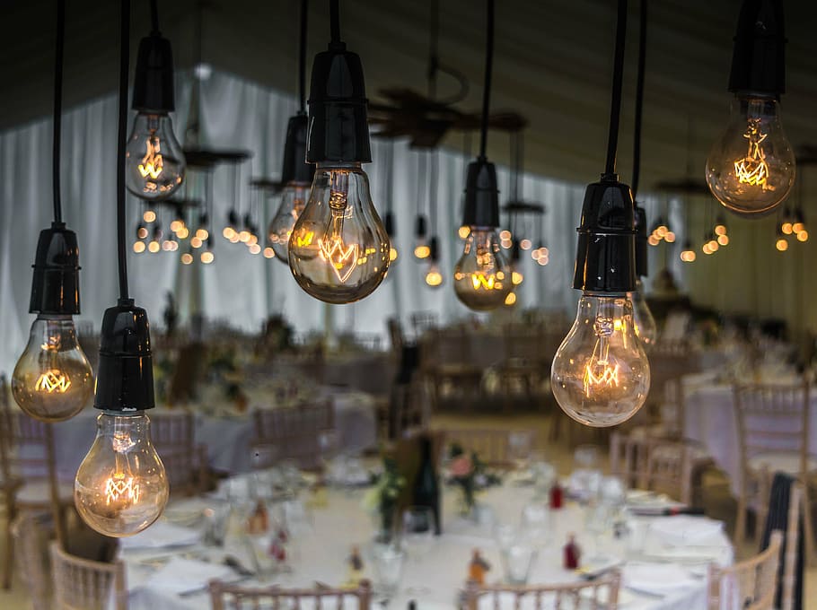 black pendant lights with clear bulbs, wedding, lighting, celebration HD wallpaper