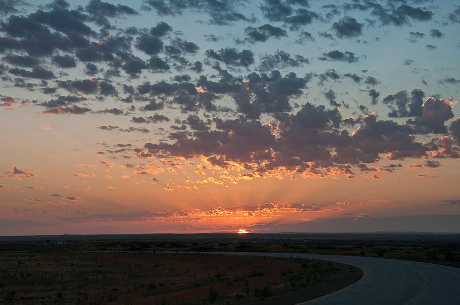 sunrise, clouds, dawn, road, no people, sunrays, landscape HD wallpaper