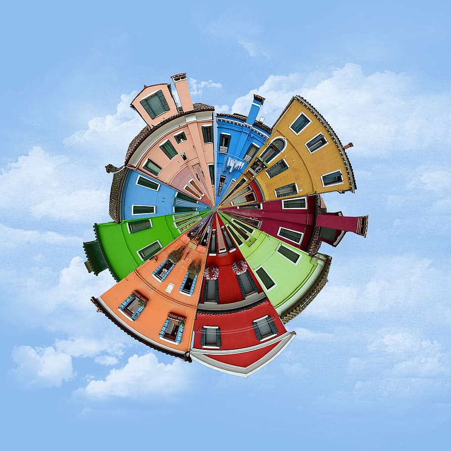 city, circle, clouds, colorful, composition, sky, image, photo editing HD wallpaper