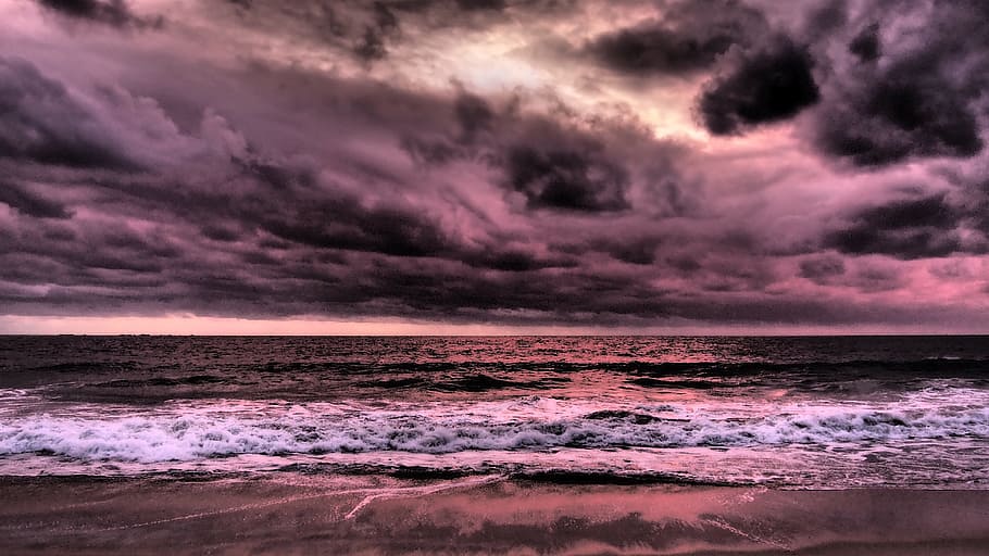 coastline, photo of a body of water and dark sky, ocean, cloudy HD wallpaper