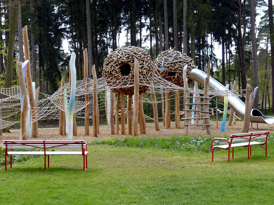 red wooden benches, playground, children's playground, game device, HD wallpaper