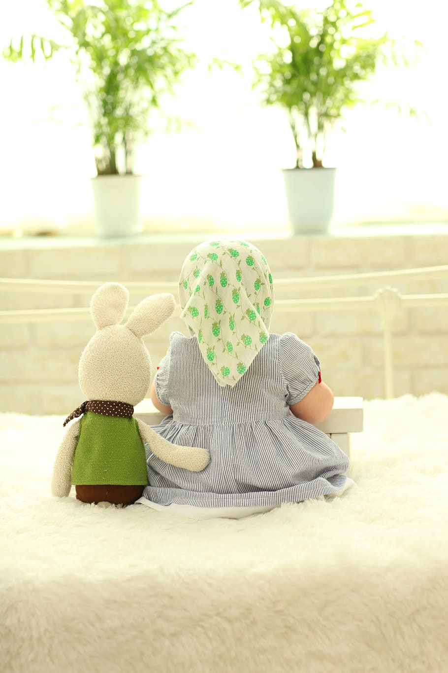 girl sitting beside plush toy, baby behind, pooping, baby doll, HD wallpaper